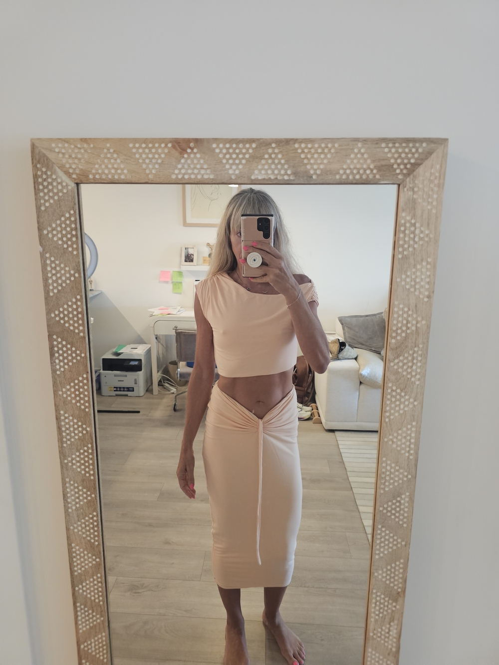 REVOLVE Camila Coelho Blush Peach Midi Skirt with Twist CROP Top Sz S SKIRT M